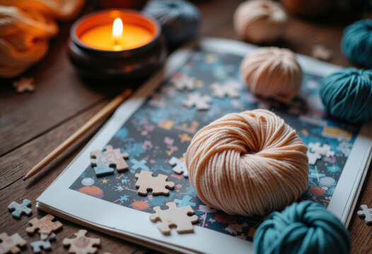 Cozy knitting setup with colorful yarn balls, puzzle pieces, and a lit candle on a wooden surface