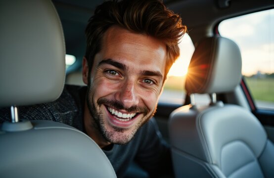 Happy young man with a bright smile sitting in the backseat of a car during sunset - Powered by Adobe