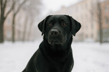 Black Labrador retriever in winter urban setting