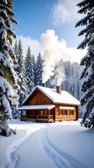 Fototapeta premium Snowy cabin nestled in pine forest