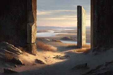 A weathered door opens to a desert landscape with a river