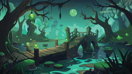 Illustration of a swamp landscape with a wooden bridge and glowing lanterns in the dark of night