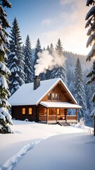 Snowy cabin nestled in winter forest