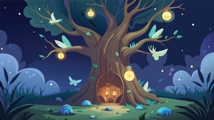 Illustration of a magical tree house at night with glowing orbs and ethereal butterflies around it