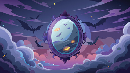 A spooky mirror reflects bats and glowing eyes in a cloudy night sky with twinkling stars above