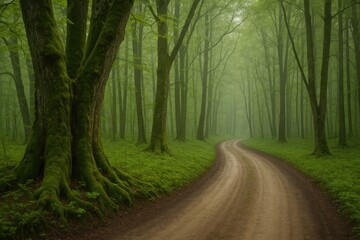 Naklejka premium Hidden rural pathway amidst enchanting deciduous woods with ancient moss-covered trees and scenic silhouettes. Perfect for eco-friendly adventures, Nordic walking, cycling, and relaxation.