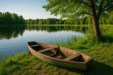 Fototapeta premium Vintage vessel beside tranquil water