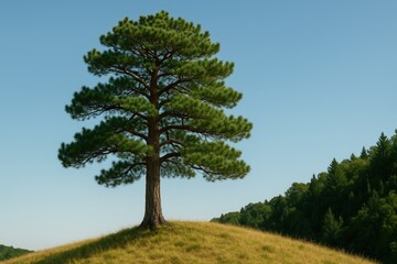 Obraz premium Imposing solitary pine standing tall on a hillside beneath a blue sky