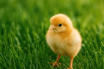 Young chick resting on lush grass