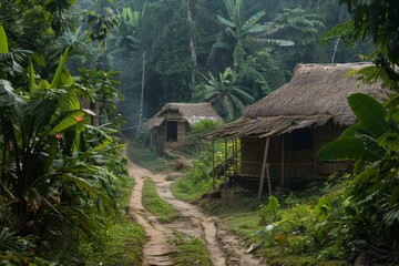 Smoke rising from a traditional hut in a tropical rainforest village, showcasing sustainable living in harmony with nature