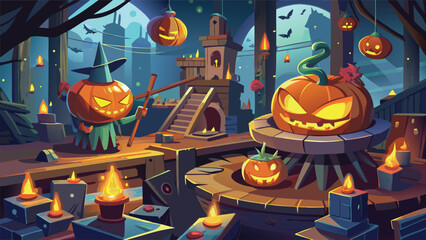 A spooky halloween scene with pumpkin characters and candles in a stylized environment design style
