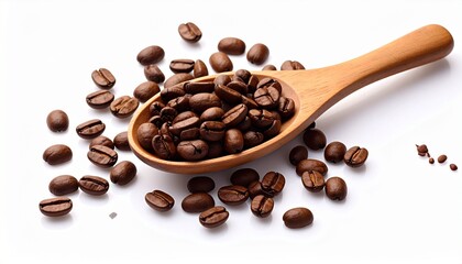 Fototapeta premium A wooden spoon resting on a white surface, filled with rich roasted coffee beans, surrounded by scattered beans