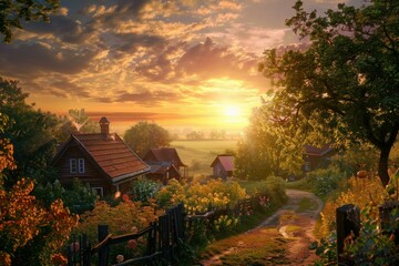 Smoke rising from chimney of charming wooden house in picturesque village at sunset, creating a warm and inviting atmosphere