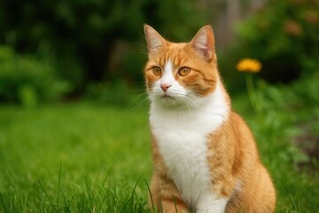 Obraz premium Striking orange and white feline resting amidst the greenery