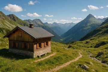 Fototapeta premium Mountain shelter nestled within a scenic mountain range panorama