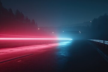 Neon-lit road at night, divided by a glowing, two-toned light trail. Misty, forest-lined highway, with cool and warm colored light streaks