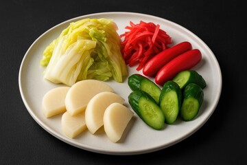 Assorted pickled vegetables displayed on a dark backdrop