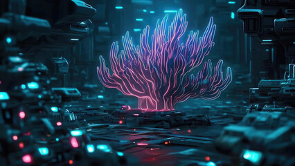 A surreal coral structure resembling digital lifeforms, growing in a futuristic alien-tech environment. Abstract shapes and vivid detail in HD, 4K resolution.
Created with generative AI.