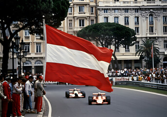 Monaco Grand Prix Austrian Flag waving, Racing Cars, Spectators, Buildings, Cityscape.