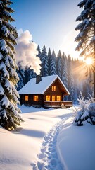 Naklejka premium Snowy chalet bathed in golden sunlight