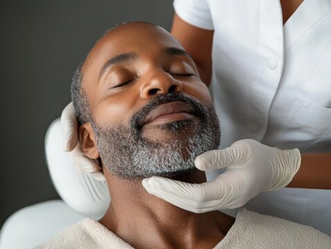 Middle-aged African American man receiving facial treatment indoors - Powered by Adobe