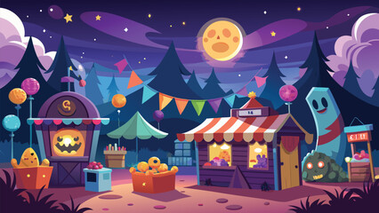 A whimsical halloween fair with booths under a starry night sky and a grinning moon overhead is shown