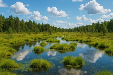Fototapeta premium Summer scenery featuring wetlands such as swamps, marshes, and bogs with waterlogged terrain