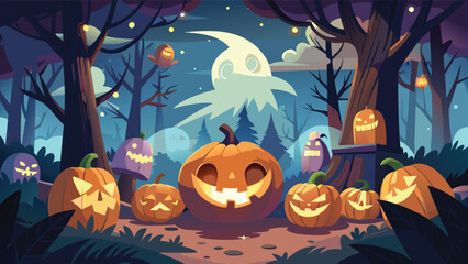 A spooky halloween night scene with jack o lanterns and ghosts under a full moon in a dark forest