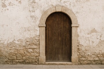 Fototapeta premium Vintage architecture with an arched wooden entrance and weathered white stone facade