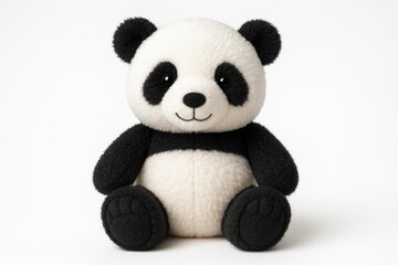 Cute stuffed panda figure on plain white backdrop