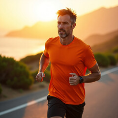 Fototapeta premium A man running at sunrise, the city behind him