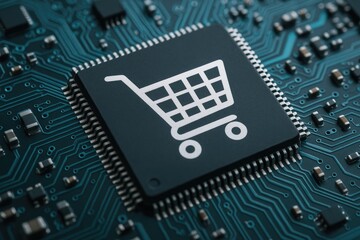 Close-up of a microchip featuring a shopping cart icon on its surface