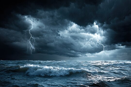 Dark storm clouds over a turbulent sea with lightning