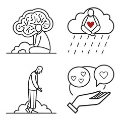 Vector art of a person is experiencing depression and loneliness in the rain,Outline icon set for mental health concepts, includes brain, mindfulness, stress, therapy, support, empathy.”