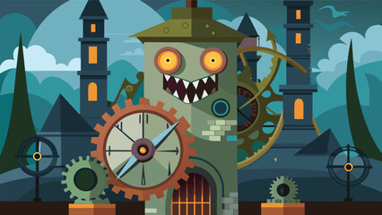 Cartoon clock tower with a scary face and gears in a whimsical landscape at nighttime is displayed here