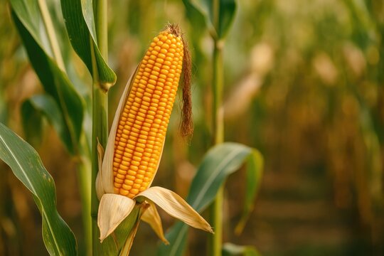 Fully ripened organic corn on the stalk in an agricultural setting with selective focus