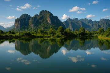 Fototapeta premium Serene mountain reflection scene in Southeast Asia