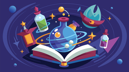 Illustration of open book with potion bottles and stars floating in a cosmic space background scene