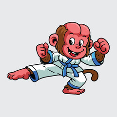 A cheerful cartoon uakari in a blue belt karate uniform, performing a powerful side kick with energetic expression