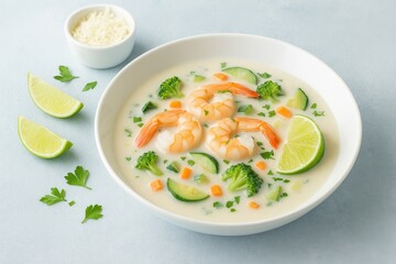 Homemade creamy seafood soup with shrimp, prawns, and herbs served on a light blue concrete background with space for text