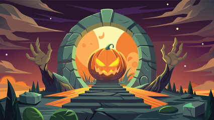 A halloween pumpkin with glowing eyes stands before a stone portal under a spooky night sky scene