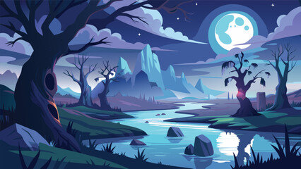 Illustration of a night landscape with a river flowing between trees and mountains under a full moon