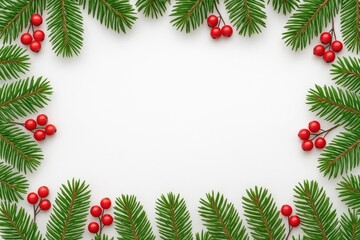 Decorative fir and spruce branches with red berries on a white background, perfect for holiday greeting cards and festive designs.