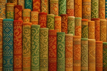 Vibrant Textile Store Display with Rolled Carpets and Decorative Fabrics