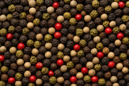 Close-up of assorted peppercorns on a mixed background - Powered by Adobe