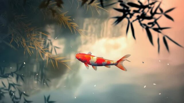 Single koi fish in calm water