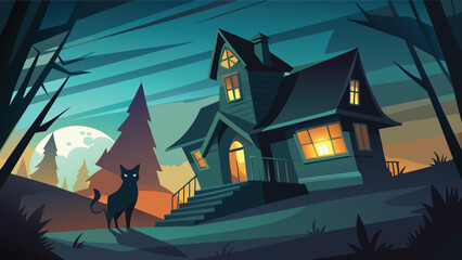 Cartoon haunted house at night with a black cat standing in front of it under a full moon in the sky