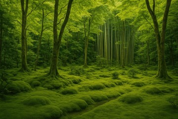 Vibrant moss-covered scenery at a historic temple in a rural town