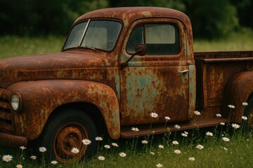 Vintage vehicle with rust and wear, featuring a driver's side window and rearview mirror