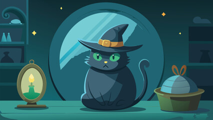 A black cat wearing a witch hat sits on a table with a candle and a hat box under stars